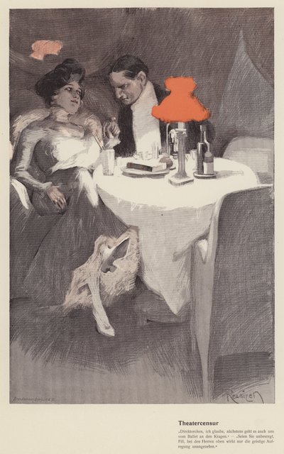 Conversación entre un director de teatro y una actriz en un café (litografia en color) de Ferdinand von Reznicek