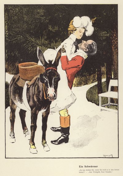 Hombre ayudando a una mujer a desmontar de un burro (litografia en color) de Ferdinand von Reznicek