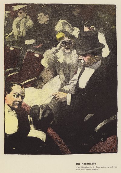 Mujer mirando a través de un par de anteojos de ópera en el teatro (litografia en color) de Ferdinand von Reznicek