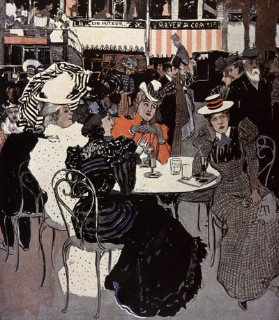 Mujer hablando en una mesa fuera de un café. Ilustración de Von Reznicek en: Simplicissimus, Alemania de Ferdinand von Reznicek