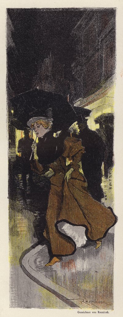 Mujer caminando en una calle lluviosa de noche de Ferdinand von Reznicek