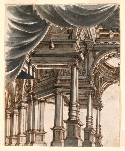 Diseño escénico: Atrio del palacio sostenido por columnas y pilares de Ferdinando Galli Bibiena
