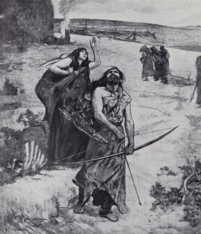 Hombre de la Edad de Hielo aprendiendo a cazar con arco y flecha de Fernand (after) Cormon