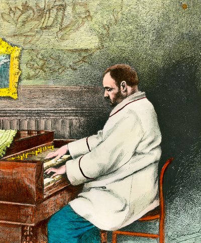 Retrato de Emile Zola (1840-1902) tocando el órgano. Grabado por Desmoulin (siglo XIX). Colección Privada de Fernand Desmoulin