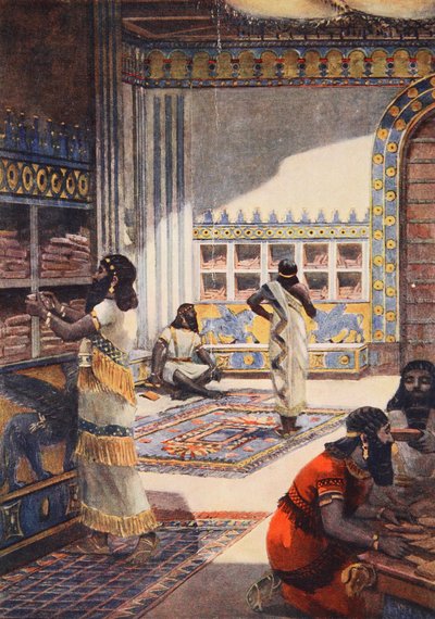 La famosa biblioteca del rey Asurbanipal, en Nínive, ilustración de 