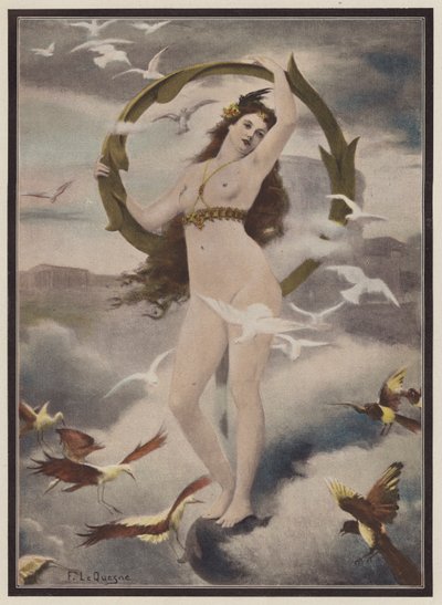 Mujer rodeada de pájaros (litografia en color) de Fernand Le Quesne