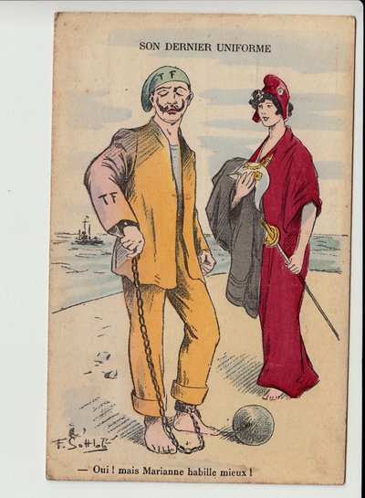 Postal satírica en colores: su último uniforme - Guerra de 14 -18 - Marianne, William II Ilustración de Gottlob (1873-1935) de Fernand Louis Gottlob