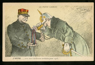 Postal satírica en colores, ca. 1914_12: Un pequeño regalo que ofrezco con mis mejores deseos para 1915 - Guerra de 14 -18, Cánones, proyectiles - Guillermo II, Joffre Ilustración de Gottlob (1873-1935) de Fernand Louis Gottlob