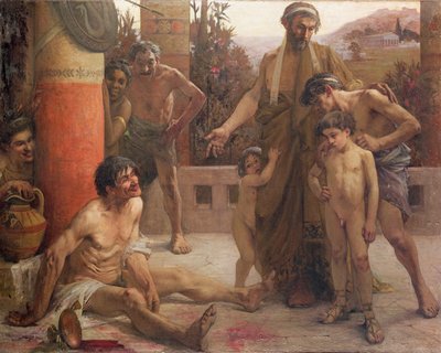 Un espartano señala a un esclavo borracho a sus hijos de Fernand Sabbate