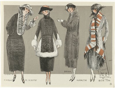 Gazette du Bon Ton, 1920 - No. 7, Croquis Pl XXXIV: Worth / Beer / Worth (título sobre objeto) de Fernand Siméon