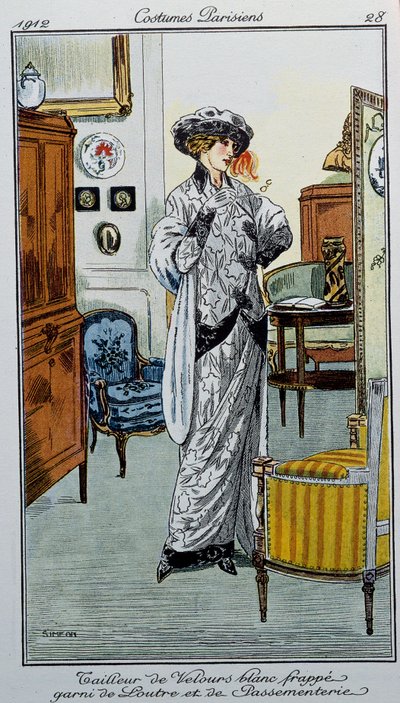 Trajes parisinos: Sastre de terciopelo blanco con rayas de nutria y adornos de Fernand Siméon