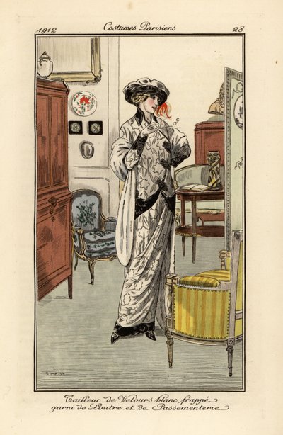 Mujer con traje de terciopelo blanco decorado con piel de nutria de Fernand Siméon