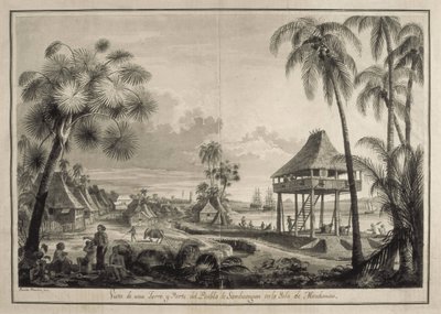 MALASPINA, Alejandro (1754-1809). Navegante y explorador italo-español; BRAMBILA, Fernando (1763-1834). Pintor. Expedición Malaspina. Filipinas (1792). Aldea de Zamboanga. Dibujo de Fernando Brambila. Dibujo. ESPAÑA. MADRID (COMUNIDAD AUTÓNOMA). de Fernando Brambila