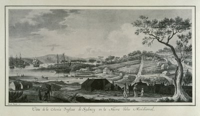 MALASPINA, Alejandro (1754-1809). Navegante y explorador italo-español; BRAMBILA, Fernando (1763-1834). Pintor. Australia (s. XVIII). Colonia inglesa de Nueva Gales del Sur. Dibujo de Fernando Brambila ilustrando la expedición científica de Alejandro Mal de Fernando Brambila