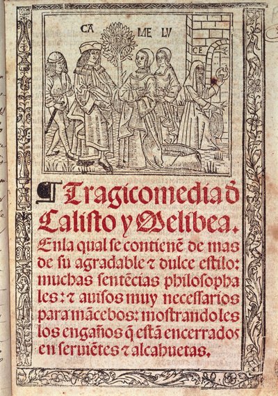Miniatura sobre pergamino en la portada de la Celestina o Tragicomedia de Calisto y Melibea, manuscrito español de Fernando de Rojas (1465-1541), publicado en 1531. de Fernando de Rojas