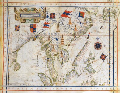 Plano-cartografía, mapa pre-Mercator de 1571 del cartógrafo portugués Fernao Vaz Dourado (c1520-c1580). Mapa de la India oriental, el golfo de Bengala, el sudeste de China, Tailandia, Borneo y Japón. Se nombra el Trópico de Cáncer. de Fernao Vaz Dourado