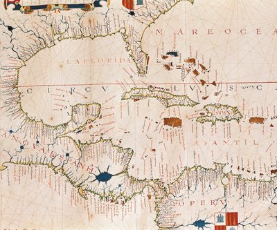 Portulano: Mapa geográfico con el nombre de la costa de Cuba, Florida, América Central y América Latina del Norte, Atlas Hidrográfico de Fernao VAZ DOURADO (siglo XVI) de Fernao Vaz Dourado