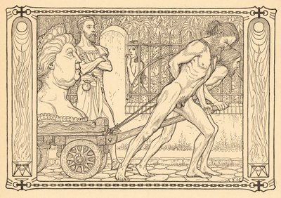 Vorm Karren der Gewoehnlichkeit, lámina 3, de la carpeta "Lebenszeichen", publicada en 1908 en Berlín por Fritz Heyder Verlag de Fidus