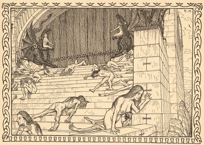 Vor dem Tempel der Tat, lámina 7, de la carpeta "Lebenszeichen", publicada en 1908 en Berlín por Fritz Heyder Verlag de Fidus (1868 1948)