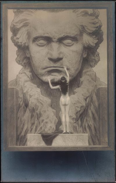 Vista trasera de un desnudo frente a un retrato de Beethoven de Fidus