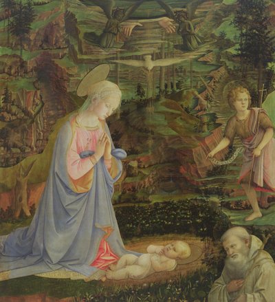 Adoración del Niño con el infante San Juan y San Romualdo de Filippino Lippi