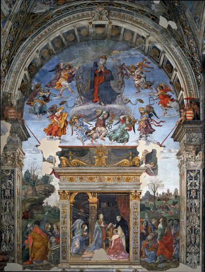 Asunción de la Virgen y abajo Santo Tomás de Aquino que presenta a María al Cardenal Oliviero Carafa de Filippino Lippi