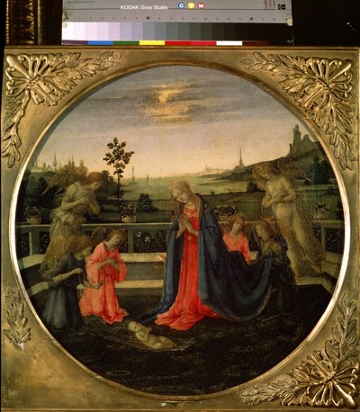 La Adoración del Niño Jesús. Jesucristo niño adorado por la Virgen María y los ángeles. Pintura de Filippino Lippi (1457-1504), hacia 1480. Témpera sobre cobre. Arte florentino, período renacentista. Museo del Hermitage, San Pet de Filippino Lippi