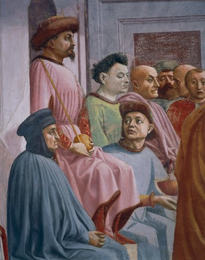 Milagro de Teófilo, (detalle) de La Resurrección del Hijo de Teófilo, por Tommaso Masaccio, fresco de Filippino Lippi
