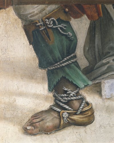 San Juan Evangelista resucitando a Drusiana, detalle del calzado, fresco de Filippino Lippi