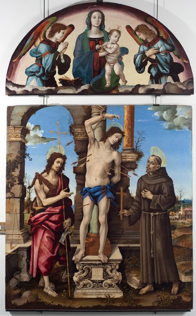 San Sebastián rodeado por San Juan Bautista y San Francisco de Asís (panel central) de Filippino Lippi