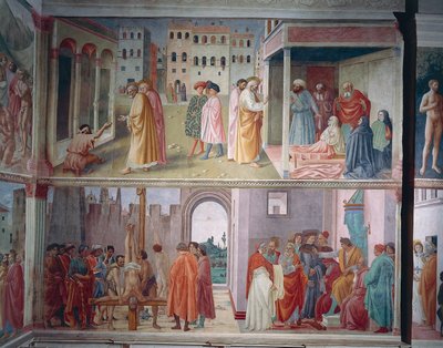 La curación del lisiado y la resurrección de Tabita, por Masolino da Panicale, San Pedro confronta a Simón el Mago ante Nerón, y el martirio de San Pedro, por Filippino Lippi, frescos de Filippino Lippi