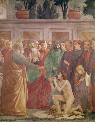 La resurrección de Teófilo, el hijo del rey de Antioquía, detalle de San Pedro y Teófilo, c.1425-27, completado 1484-85 (detalle) de Filippino Lippi