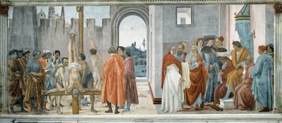 La disputa entre Simón el Mago (el Mago o Simón de Samaria, fallecido en 65) (con Nerón (37-68) en el trono) y la Crucifixión de San Pedro (La Disputa con Simón Mago y la Crucifixión de San Pedro) - Fresco de Filippino Lippi (1457-1504), 232x588 cm de Filippino Lippi