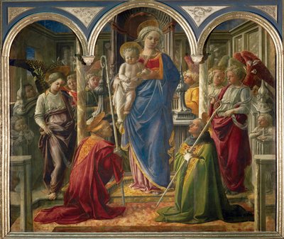 Virgen con el Niño y ángeles, y los santos Frediano y Agustín, llamada " Pala Barbadori " ... de Filippo (workshop of) Lippi