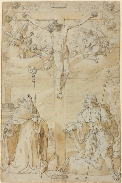 La crucifixión con los santos Roque y Agustín de Filippo Bellini