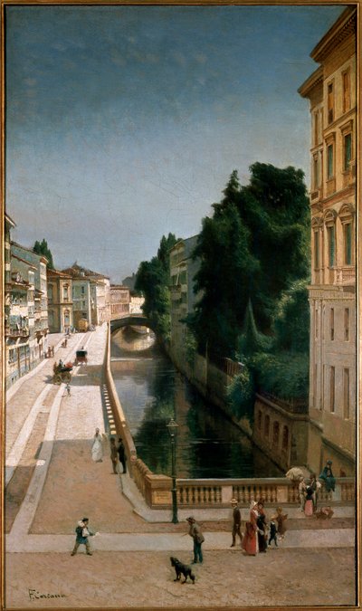 Vista del canal en la calle Senato en Milán (óleo sobre madera) de Filippo Carcano