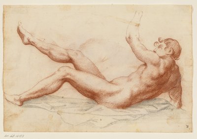 Desnudo masculino postrado girado a la izquierda apoyado en su brazo derecho y levantando su brazo izquierdo y pierna derecha de Filippo Esegrenio