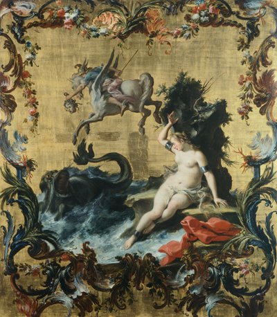 Perseo liberando a Andrómeda del monstruo marino, de Filippo Falciatore (activo 1728-1768), óleo sobre tabla. de Filippo Falciatore
