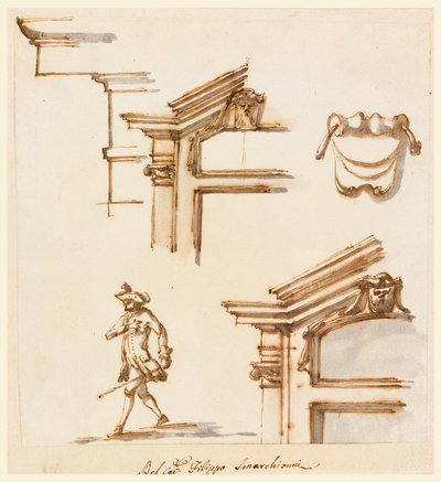 Dibujo, detalles arquitectónicos y estudio de figura, 1760-75 de Filippo Marchionni