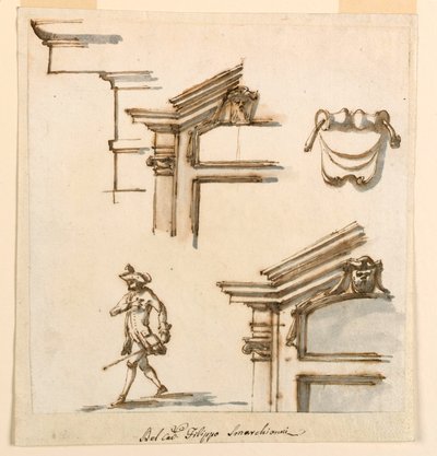 Dibujo, detalles arquitectónicos y estudio de figura, 1760-75 de Filippo Marchionni