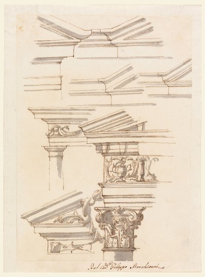 Dibujo, Estudios para entablamento y frontón, hacia 1770 de Filippo Marchionni