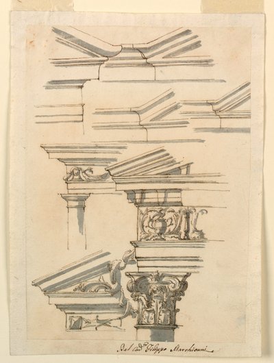 Dibujo, Estudios para entablamento y frontón, hacia 1770 de Filippo Marchionni