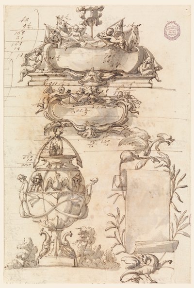 Dos escudos, jarrón decorativo y un pergamino de Filippo Marchionni
