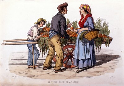 Pequeño negocio de la ciudad de Nápoles: el vendedor ambulante de naranjas. Grabado de una pintura de F. Palizza. De una obra de Francesco de Bourcard “Costumi del regno di Napoli” de Filippo Palizzi