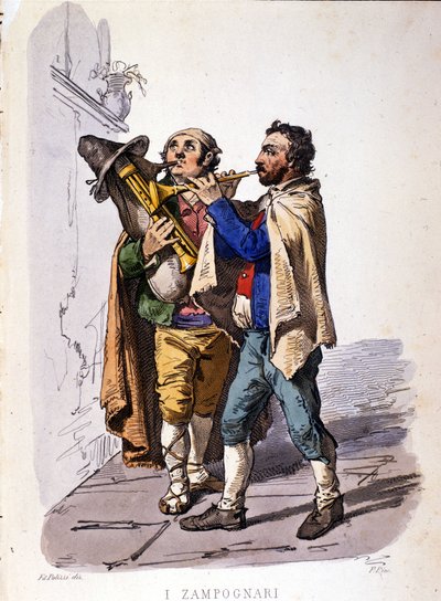 Tocadores de zampoña. Grabado después de una pintura de F. Palizza. De una obra de Francesco de Bourcard 