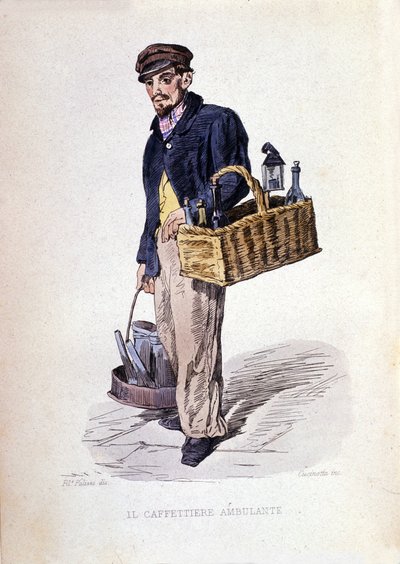 Pequeño negocio de la ciudad de Nápoles: el "caffettiere", un comerciante de café napolitano. Grabado después de una pintura de F. Palizza. De una obra de Francesco de Bourcard "Costumi del regno di Napoli" de Filippo Palizzi