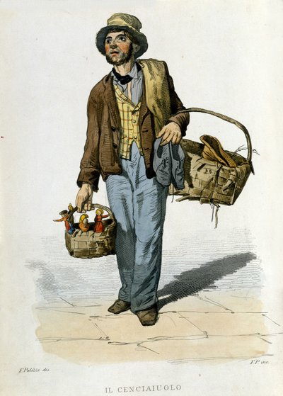 Pequeño negocio de la ciudad de Nápoles: el cenciauolo. Grabado después de una pintura de F. Palizza. De una obra de Francesco de Bourcard “Costumi del regno di Napoli” de Filippo Palizzi