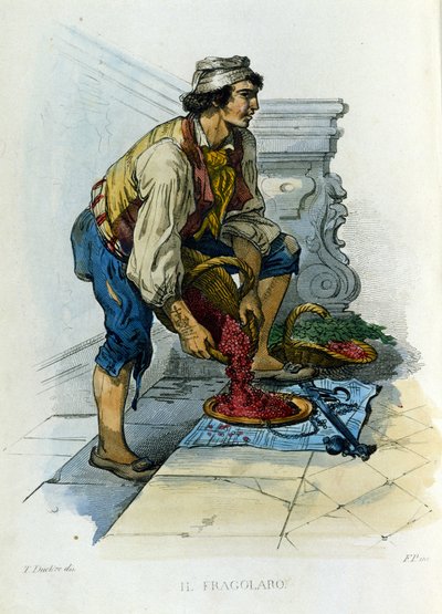 Pequeño negocio de la ciudad de Nápoles: el “fragolaro”, un comerciante de fresas napolitano. Grabado de una pintura de F. Palizza. De una obra de Francesco de Bourcard “Costumi del regno di Napoli” de Filippo Palizzi