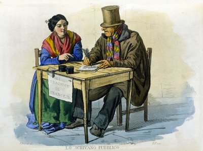 Pequeño negocio de la ciudad de Nápoles: el escritor público. Grabado después de una pintura de F. Palizza. De una obra de Francesco de Bourcard “Costumi del regno di Napoli” de Filippo Palizzi
