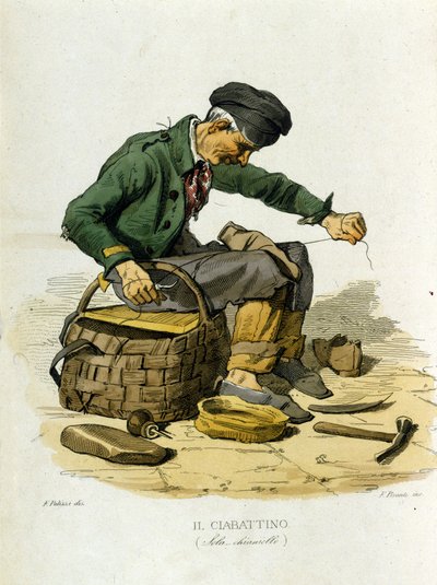 Pequeño negocio de la ciudad de Nápoles: el zapatero. Grabado de una pintura de F. Palizza. De una obra de Francesco de Bourcard “Costumi del regno di Napoli” de Filippo Palizzi